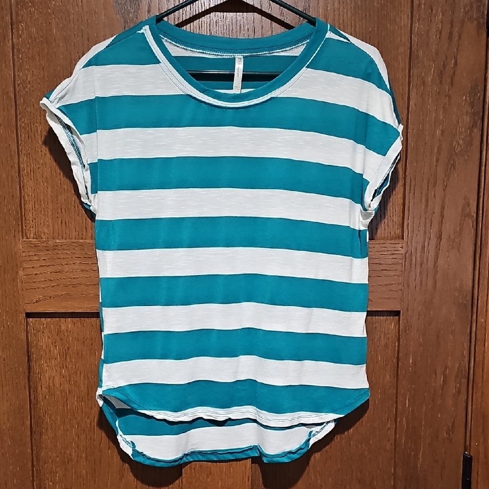 DNA Couture Teal and White Striped Short Sleeve Top